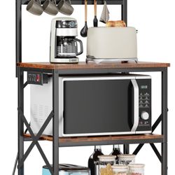 Kitchen Bakers Rack with Power Outlet, Microwave Oven Stand with Storage 4 Tiers, Coffee Bar Table with 6 S Hooks, Kitchen Storage Shelf Rack for Spic