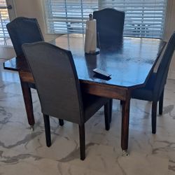 Handmade Dark Wood Table + 4 Blue/Grey Chairs SET