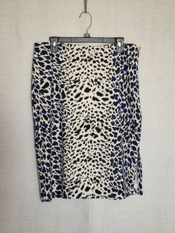 Worthington Animal Print Straight Skirt White Black Blue Stretch  Side Zip ~ Size Large