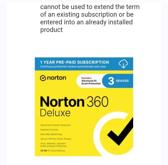 Norton 360 Deluxe 1 Year Pre-Paid Subcription