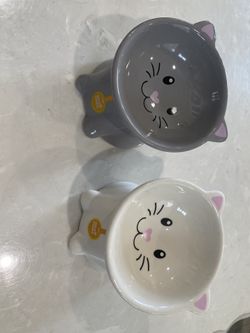 Set of 2 raised wide ceramic cat bowls