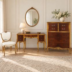 ✨  Beautiful Vintage Vanity, Chair & Tall Chest Set – Gold Details – Delivery Available