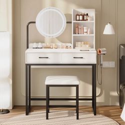 Makeup Vanity with Round Mirror and Lights, White Vanity Makeup Table with Charging Station, Small Vanity Table for Bedroom, 3 Lighting Mo