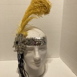 Flapper Yellow Feather Beaded Elastic Stretchy Headband
