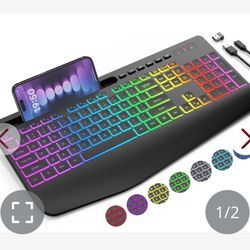 Wireless Keyboard With 8 Colored, 9 Effects Backlits, Wrist Rest, Phone Holder, Rechargeable Ergonomic Computer Keyboard With Silent Keys, 2.4G Lag-Fr