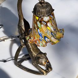  1930's Bronze Cat Lamp W/ Millifiori Glass Shade