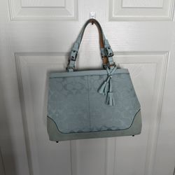Coach Baby Blue Signature Monogram SatchelwithMatching Leather&SuedeTrim.EUC
