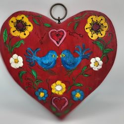 Vintage Handpainted Rosemaling Wooden Home Decor Heart Bluebirds Florals 6"