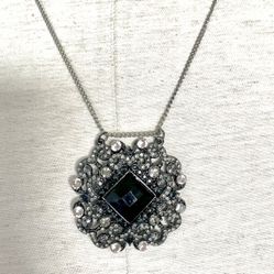 Black Silver Tone Rhinestone Pendant Necklace 