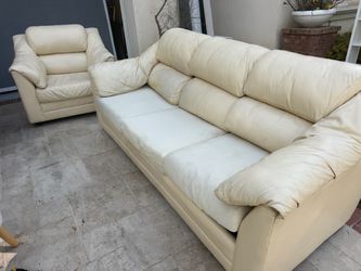 Cream Leather Sleeper Sofa + Matching Chair – Pull-Out Bed