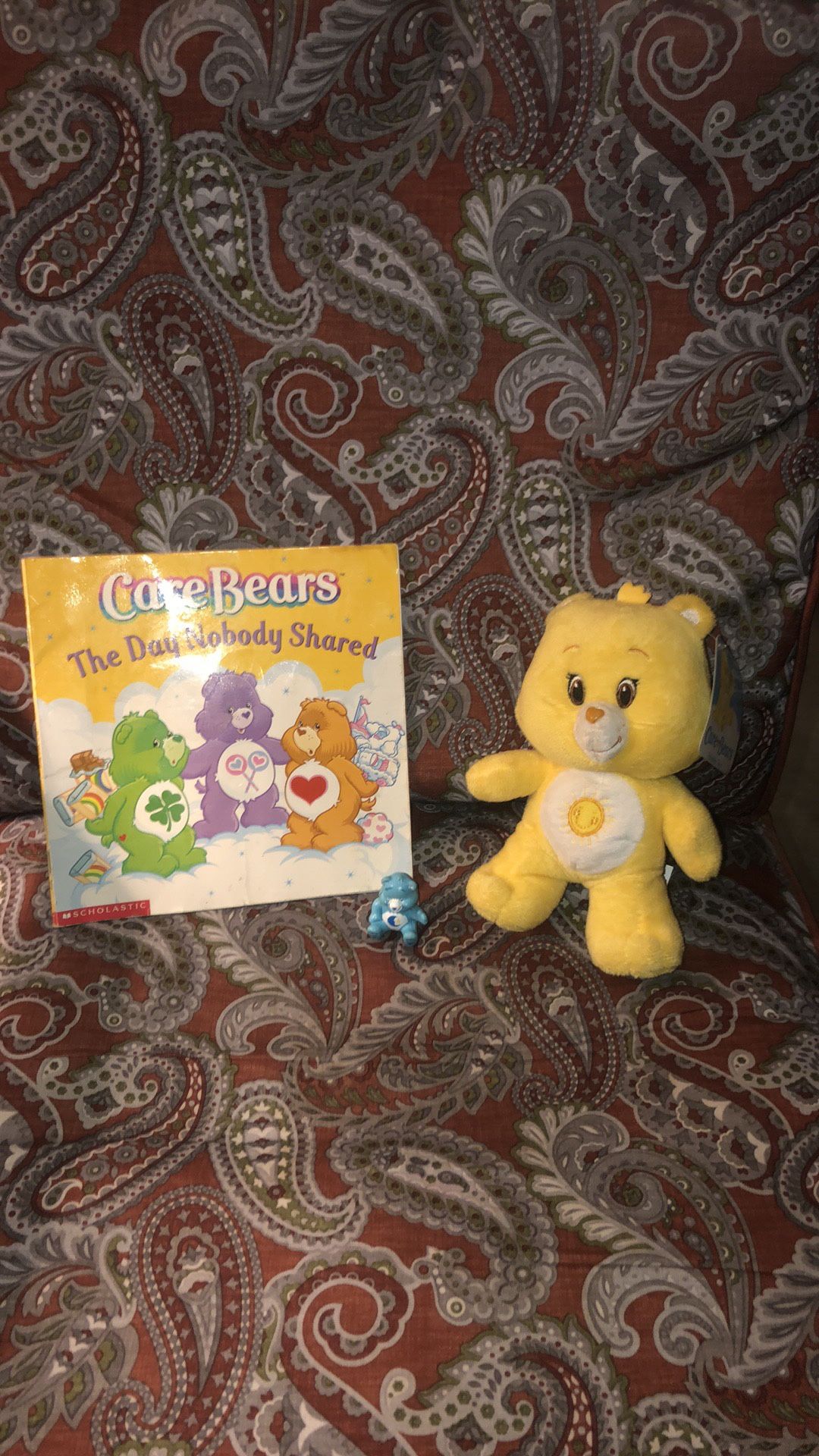 NEW Sunshine Care Bear plush with tags and a Care Bear book and small figurine