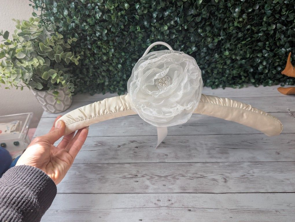 Vintage Padded Satin Hanger With Handmade Flower Accent And Swarovski Beads And Crystals, Bridal Hanger