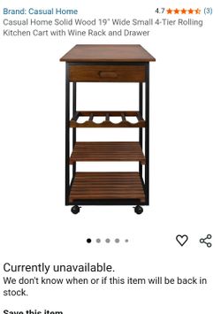 Casual Home Solid Wood 19" Wide Small 4-Tier Rolling Kitchen Cart with Wine Rack and Drawer