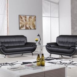 Brand Mew Black Bonded Leather Modern Sofa + Loveseat 2PCs Set