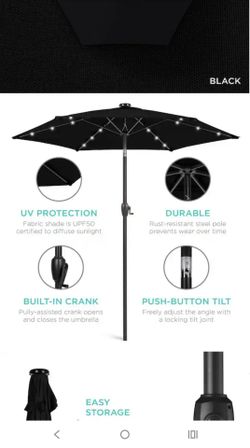Black 7.5 ft. Outdoor Solar Patio Umbrella with Tilt, Crank and LED Lights
