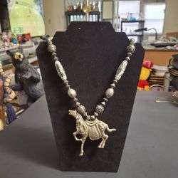 Antique Chinese 21" Necklace, Qing Dynasty Late 19th Century To Early 20th Century, Detailed Horse Pendant & Mixed Beads, Metal Alloys