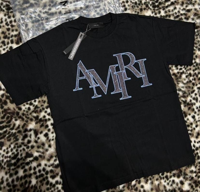 Amiri Black Rhinestone Logo T-Shirt Blue Accents Size Large BNWT
