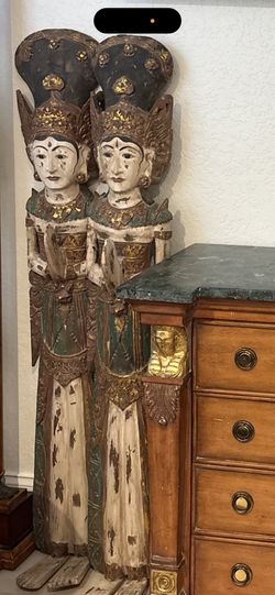 2 Hand Carved & Painted Deity Goddess Female Buddha Statues. Life Size. Beautiful. Asian Thai From Thailand.