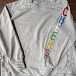 Aerie Down To Earth "CHEERS" Oversized Fleece Crew Sweatshirt Soft Oat SML EUC