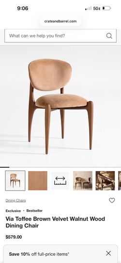 2 New Crate and Barrel Via Toffee Brown Velvet Walnut Wood Dining Chairs-set of 2