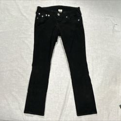 True Religion Women's Straight Black Corduroy Jeans Dark Wash Button Logo Accent