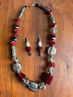 Glass,Bead Necklace W/Earrings