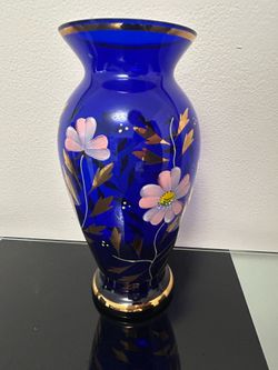 Gorgeous Vase. Decorated Glass. Blue And Gold Pattern.  9,5 Inches  High.  Great Present .
