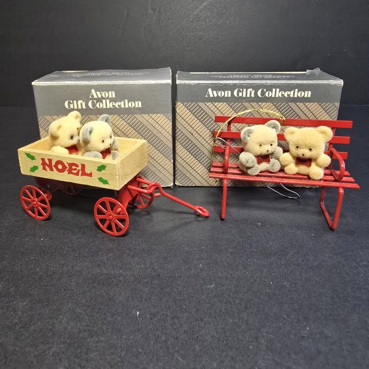 2 Vintage Avon Flocked Teddy Bears on Red Metal Bench & Wagon Christmas Ornament Boxed