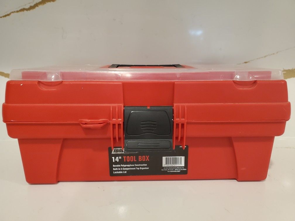 Red White Tool Shop 14" Tool Box Menards built in 5 compartment top organizer lockable lid Organizer