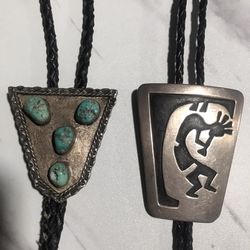 Vintage Navajo Jim Two Eagles Sterling Silver and Turquoise Bolo Tie and Vintage Kokopelli Sterling Silver Bolo Tie