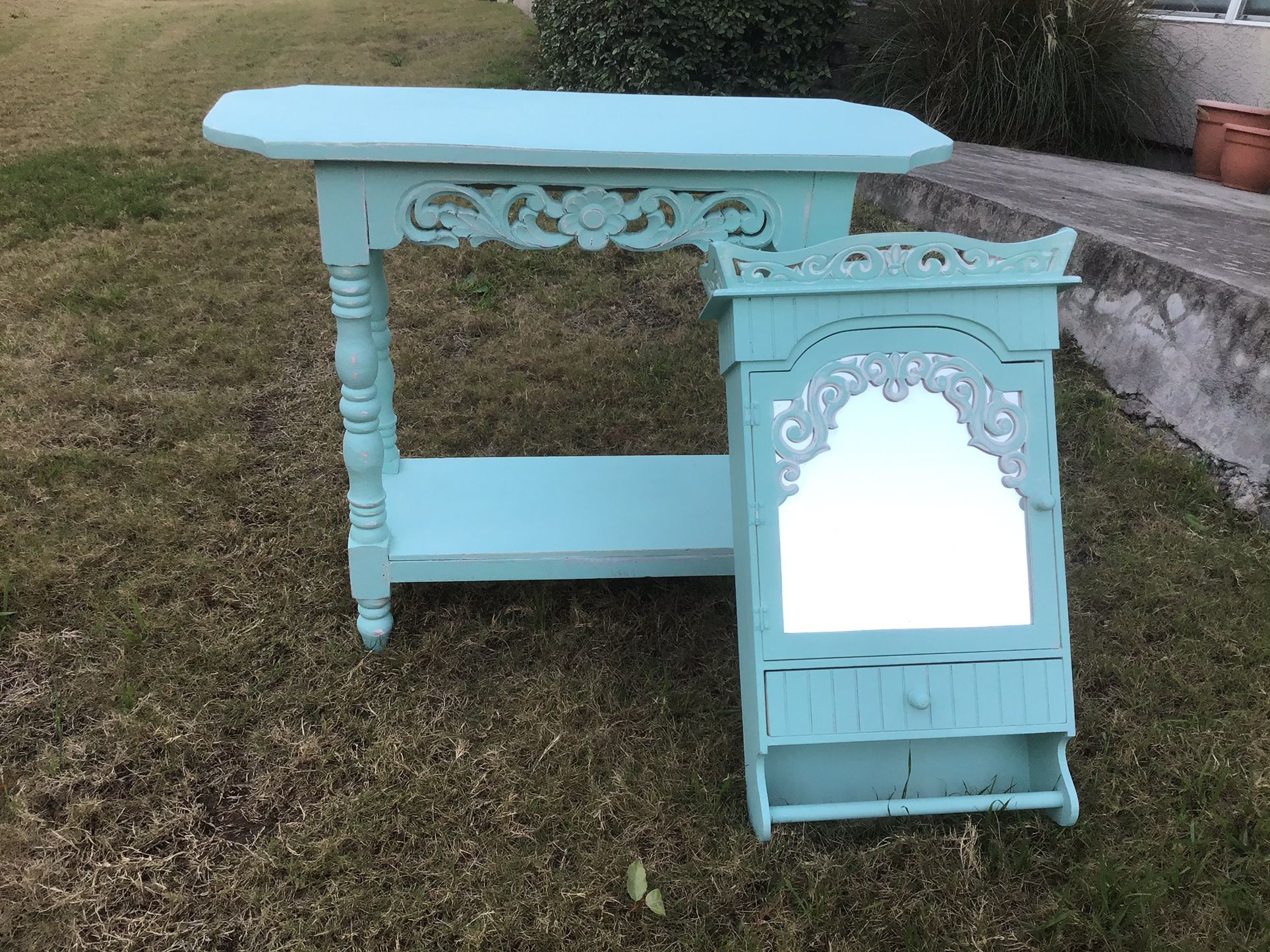 Aqua Chalk Painted Entry/ Console/ Sofia Table And Chalk Painted Mirrored Shelf