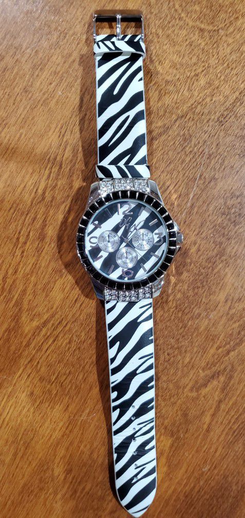 NEW Genuine Leather Zebra Print Rhinestone Watch