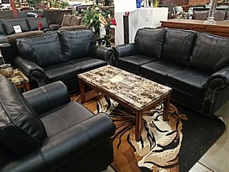 Black air leather 3 pcs sofa set