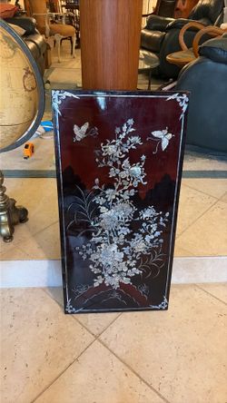 vintage Asian lacquer wall panel with mother-of-pearl inlay