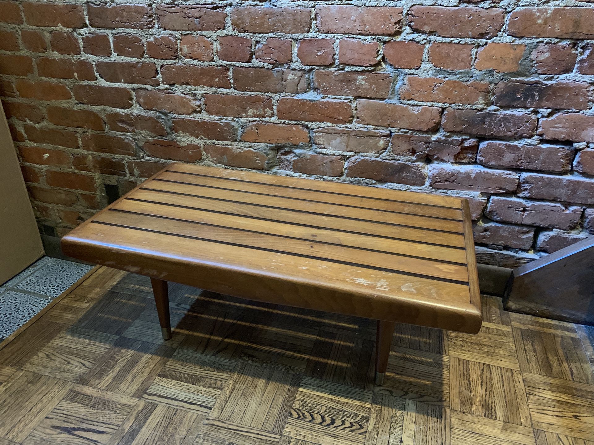 Mid century modern wood slat coffee table bench with brass feet