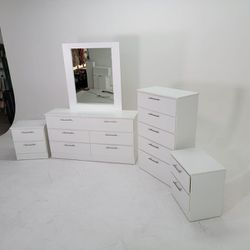 NEW DRESSER WITH MIRROR, CHEST AND TWO NIGHTSTANDS 