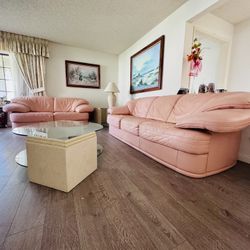 Gorgeous Vintage Genuine Leather Sofa and Couch Set with Matching Glass Coffee Table and Side Table