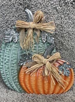 Green & Orange Pumpkins Metal Raffia & Burlap Bow Home Decor Outdoor Fall New