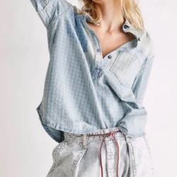 Free People Glacier Bay Printed Checked Distressed Denim Tunic We The Free
