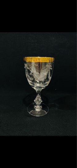 Vintage Tiffin-Franciscan Crystal Ornate Gold Rim Water Wine Goblet 7” Tall. Beautiful and very rare Crystal goblet is in good condition, only some go
