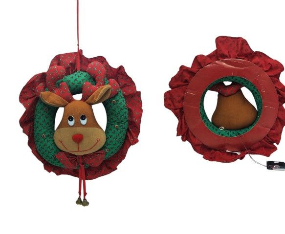 Vtg. Christmas Reindeer Plush Fabric Wreath Motion Activated Music & Lights 
($25)
