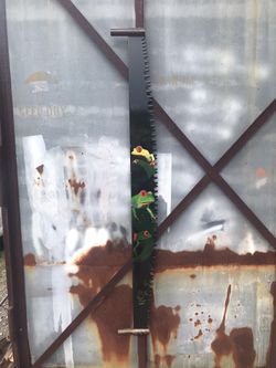 Old Two-man crosscut saw with tree frogs painted on it