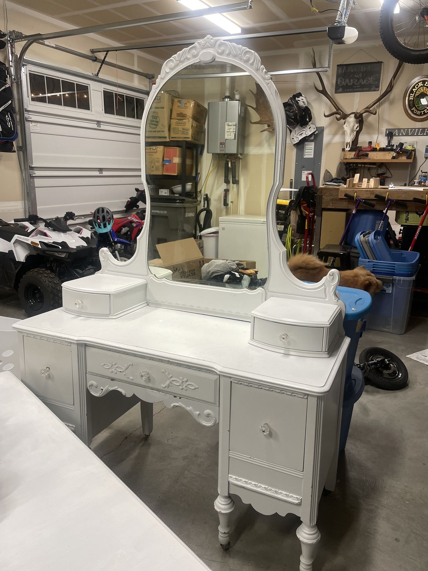 Vintage White Vanity W/ Rolling Wheels & Chair