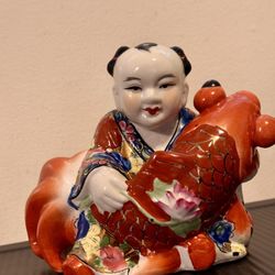 Vintage Porcelain Chinese Man holding Coy Fish & Lotus Flower Hand Painted