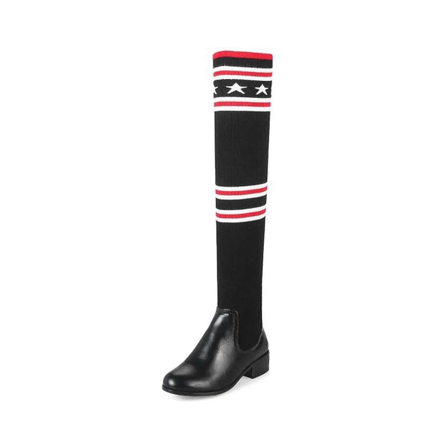 Black and red knee-high socks boots with silver studs on the soles Size 7,5