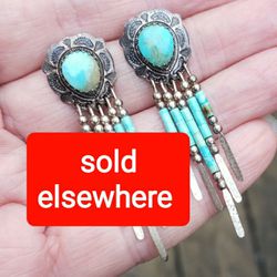 Vintage Turquoise Sterling Silver Feather Dangle Earrings 2.75"