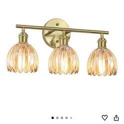 Vintage Bathroom Light Fixtures,3-Light Hardwired Vanity Lights Over Mirror,Gold Wall Sconces with Amber Tulip Glass Shade for Bathroom Living Room,E2