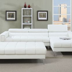 White Leatherette Sectional Wth Ottoman Convertible Headrest 