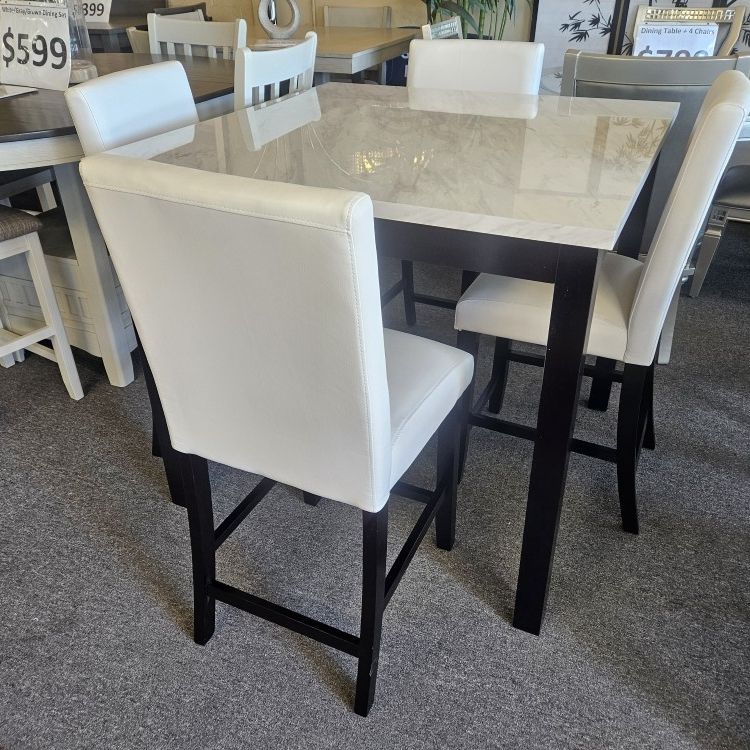 Brand New White Counter High Dining Table (42"×42"×36") + 4 Faux Leather Chairs