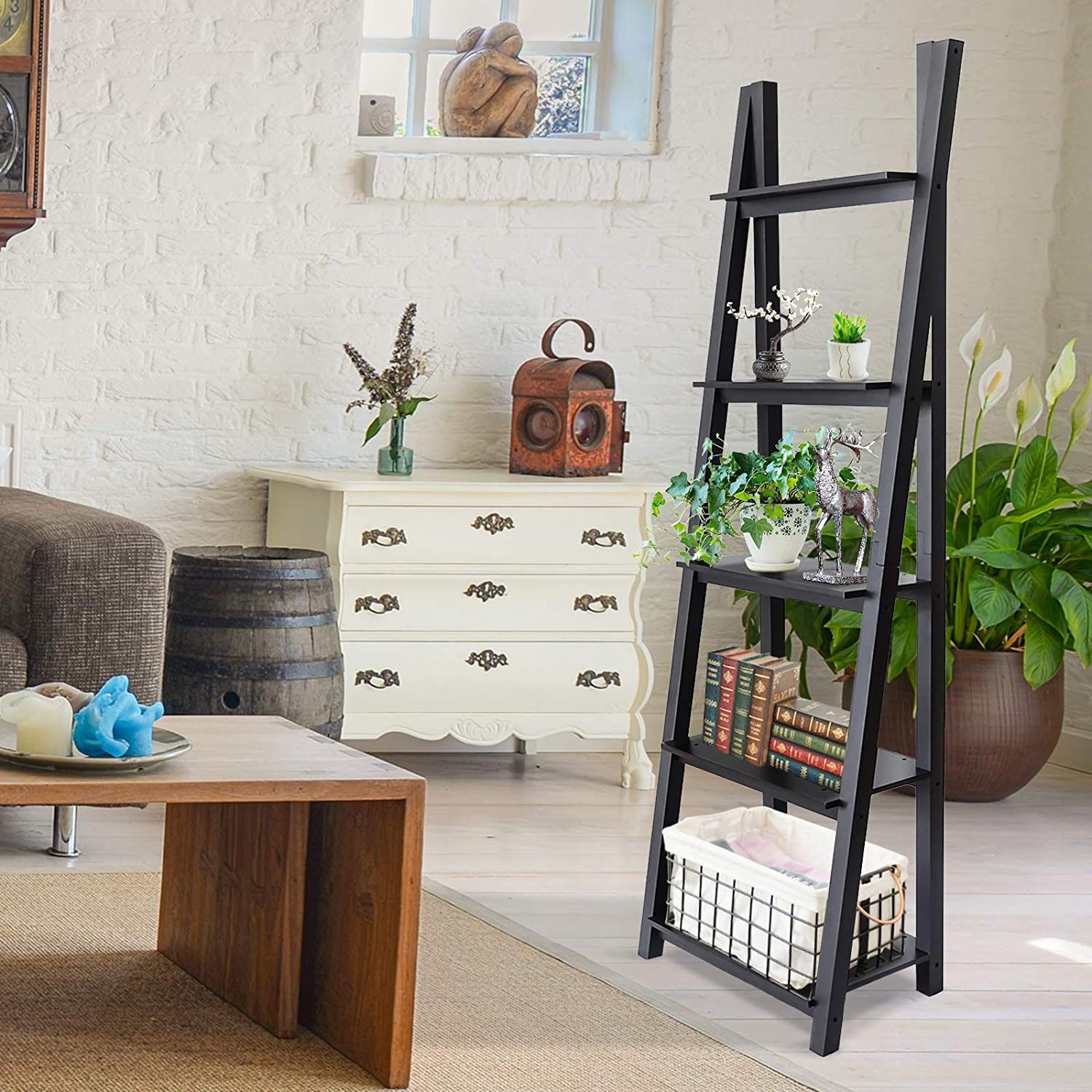 ORNO TTOBE 5-Tier Wood Ladder Shelf Free Standing Bookcase A-Frame, Espresso